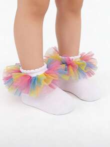 1 par de calcetines con volantes de colores arcoíris para niñas/niños, calcetines con ribete de encaje de princesa para bebé - Multicolor - Ver 2