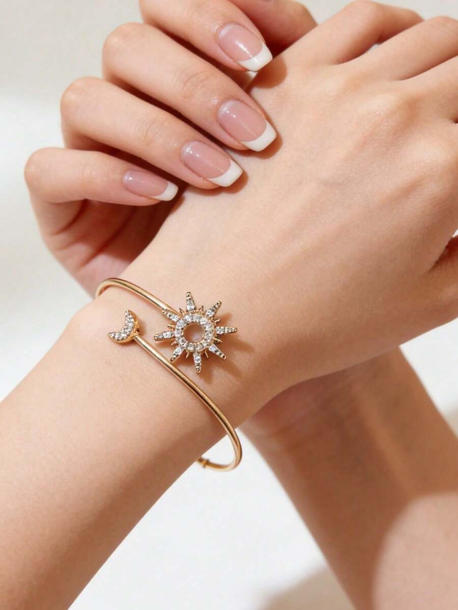 Adjustable Geometric Zirconia Bracelet For Women, Simple Sun And Moon Micro-Encrusted Bracelet - 金色 - 查看 1