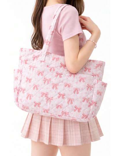 1 chiếc túi tote chần bông in hình nơ dễ thương, túi đeo vai nữ nhẹ, dung tích lớn, túi xách tay thường ngày, túi đi học dễ thương, túi mua sắm, túi đựng đồ du lịch.