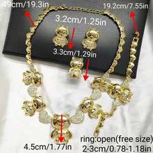 4pcs Women's Fashionable Gold-Plated XO Heart Bear Rhinestone Necklace, Earrings, Bracelet, Ring Jewelry Set, Suitable For , Middle Eastern, Dubai, African, European And American Parties, Weddings, Halloween, Christmas, Holiday Gifts For Mom, Sisters, Girlfriends - 黃金3 - 查看 4