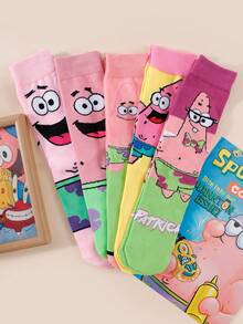 SpongeBob SquarePants 5 Pairs Random Unisex Funny Graphic Mid-Calf Socks, Breathable Moisture-Wicking Socks With Interesting Patterns Like Starfish, Octopus, Sandy, Crab, Boss, Suitable For All Seasons, Casual & Dating - Multicolor - View 3