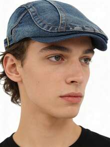 Șapcă Newsboy, Denim uzat (Variațiile de culoare și cusăturile sunt aleatorii din cauza procesului de spălare), Vară, Plajă, Sărbători, Festivaluri, Călătorii - Cowboy cu opt personaje - Vizualizare 2
