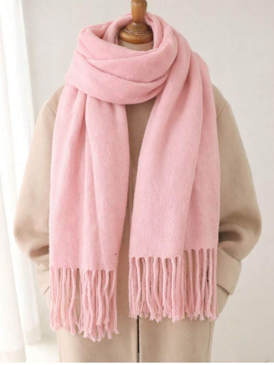 Unisex Black Scarf With Fringe 175*60cm Elegant Comfortable English Style For Winter - 淺粉色 - 查看 1
