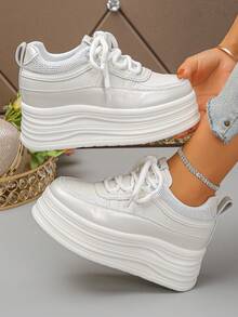 Zapatillas con plataforma para mujer, de unicolor, estilo deportivo casual con cordones, decoración de rhinestones, zapatos elevadores versátiles de moda, suela gruesa - Blanco - Ver 1