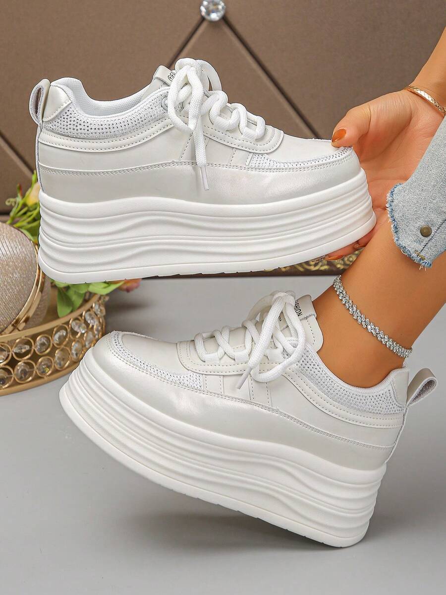 Zapatillas con plataforma para mujer, de unicolor, estilo deportivo casual con cordones, decoración de rhinestones, zapatos elevadores versátiles de moda, suela gruesa - Blanco - Ver 1