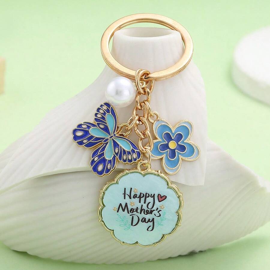 20/40pcs/Set Oil Drop Flower, Pearl, Butterfly Keychain Pendant, Suitable For Mother's Day Gift, Party Favor, Bag Charm - Blue Flower Pearl Butterfly Pendant (1 Piece) - View 1