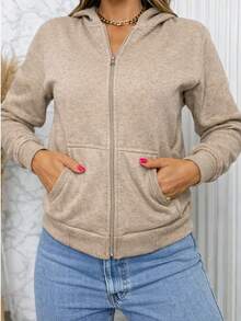 Women's Casual Zip-Up Jacket With Solid Color Hat. - Camel - View 2