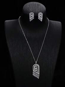 Bộ 2 món trang sức cao cấp đính đá Zirconia tổng hợp, thiết kế hình vòm tua rua, kiểu dáng rỗng, thích hợp làm quà tặng cho phụ nữ. - Bộ vòng cổ và hoa tai - Xem 5