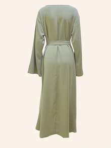 Women's Minimalist Abaya Robe, Muslim Flared Sleeve Long Dress, Loose Comfortable Kaftan, Fashionable Casual Robe - Green - View 6