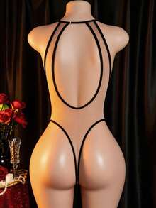 Mono sin espalda con camisola de mujer con bordado floral transparente y oso de peluche - Negro - Ver 3
