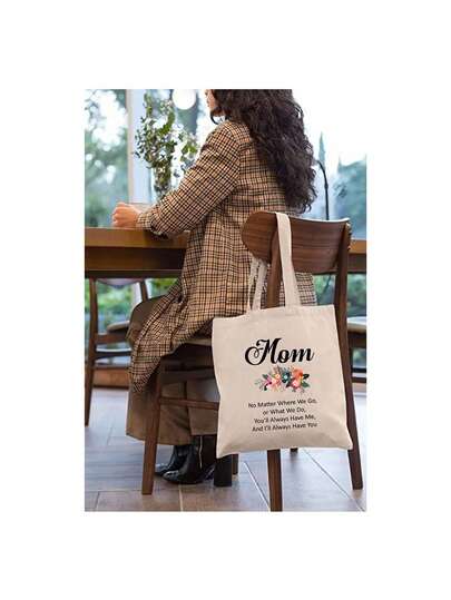 Mother's Day Gift Bag, Reusable Canvas Shoulder Bag For Women, Meaningful Printed Tote Bag For Mom - Shoulder Tote Bag, Lightweight & Large Capacity, Crochet Items Storage Bag Grocery Shopping Bag Commute Bag Travel Carry-On Bag - Gifts For Mother, Mom's Gift