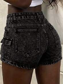 女士休闲牛仔短裤，无弹力，拉链直筒裤型，派对风格，黑色，夏季款 - 黑色 - 查看 2