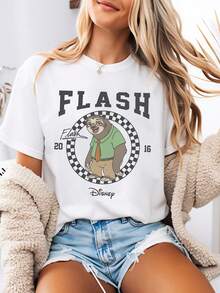 Disney-Style Women's Printed T-Shirt Featuring A Zootopia-Inspired Flash Sloth Badge Cartoon Print. This Round-Neck Summer Top Is Crafted From Soft, Comfortable 100% Cotton Fabric, Perfect For Everyday Wear, Outdoor Activities, Or Shopping. It Also Makes An Ideal Choice For Women's Vacat - White - View 1