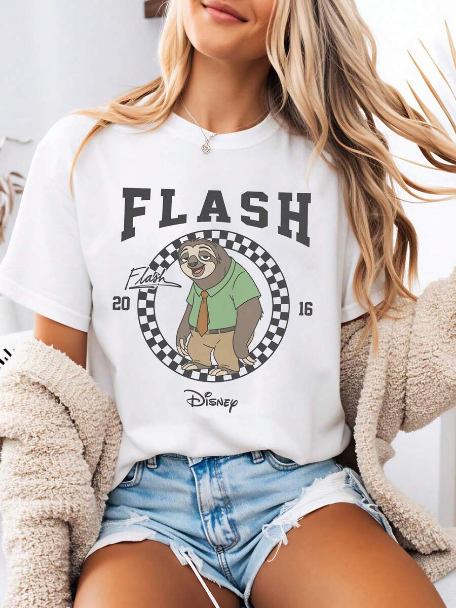 Disney-Style Women's Printed T-Shirt Featuring A Zootopia-Inspired Flash Sloth Badge Cartoon Print. This Round-Neck Summer Top Is Crafted From Soft, Comfortable 100% Cotton Fabric, Perfect For Everyday Wear, Outdoor Activities, Or Shopping. It Also Makes An Ideal Choice For Women's Vacat - White - View 1