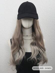 ( Velvet Cap + Long Curly Hair) Women's Baseball Cap Wig, Long Curly Hair, Body Wave Synthetic Wig, Adjustable Hat Wig, 24 Inches - Linen Brown - View 2