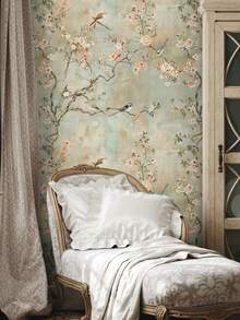 Giấy dán tường hoa anh đào phong cách Chinoiserie với chim và hoa, nền màu pastel nhẹ nhàng, tranh dán tường thực vật trang nhã. - A - Xem 4