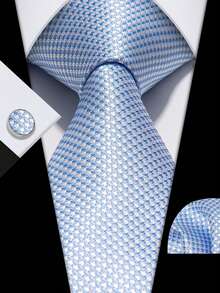 男士领带套装 经典时尚领带套装 含袖扣 商务派对 - 淺藍色 - 查看 1