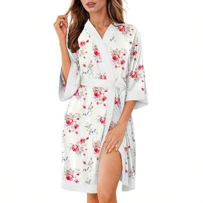 Robes For Women Knee Length Bathrobe Lightweight Kimono Robe 3/4 Sleeve Knit Sleepwear With Pockets