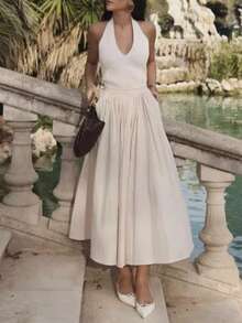 女士纯色休闲百褶高腰半身裙 春季 - 米色 - 查看 4