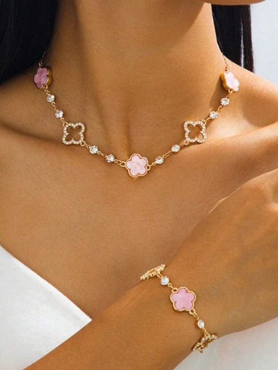 1 Set Lucky Rhinestone Clover Pink Pendant Necklace & Bracelet Set, Fashionable & Versatile For Women - Pink - View 1