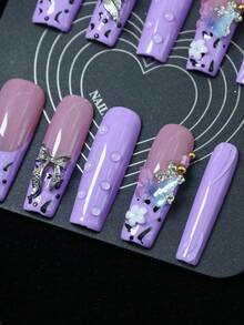 CrystalHola Handmade Coffin-Shaped Nails, Y2K Style Nails, Spring/Summer, Purple & Black Color With Rhinestones, Bows, Butterflies, Leopard Print, French Tips, Pure Handmade Nails. Suitable For Women And Girls. 10 Pieces/Set, 3 Sizes. Fits Parties, Weddings, And Daily Wear. Includes Tools. Great Gift For Ladies' Nail Supplies. - Multicolor - View 4
