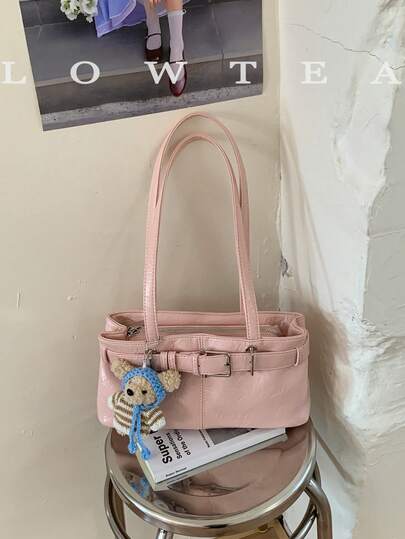  1pc Low Tea Solid Color PU Leather Shoulder Bag, Women's Retro Fashion Square Handbag With Top Double Handles, Zipper Closure, Suitable For Travel, Shopping, Dating, Women's Gift, Great For Commuting, Outdoor, Travel, Hiking (Sold With Pendant)