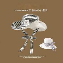 1顶女士条纹抽绳渔夫帽，户外大帽檐防紫外线双面徒步帽，多功能 - 雙面白標條紋 - 查看 9