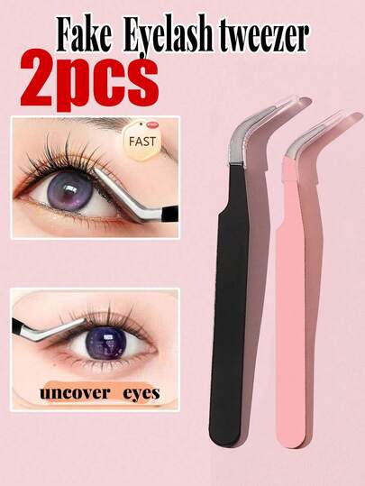 2pcs Pink Fake Eyelash Applicator Pointed Diagonal Tip Precision Tweezers, Makeup, Cheap, Room Decor, Vanity, Travel, Bedroom, Makeup Accessories, Tweezers, Cheap, Stocking Stuffer, Makeup, Makeup Tools, Cheap Items