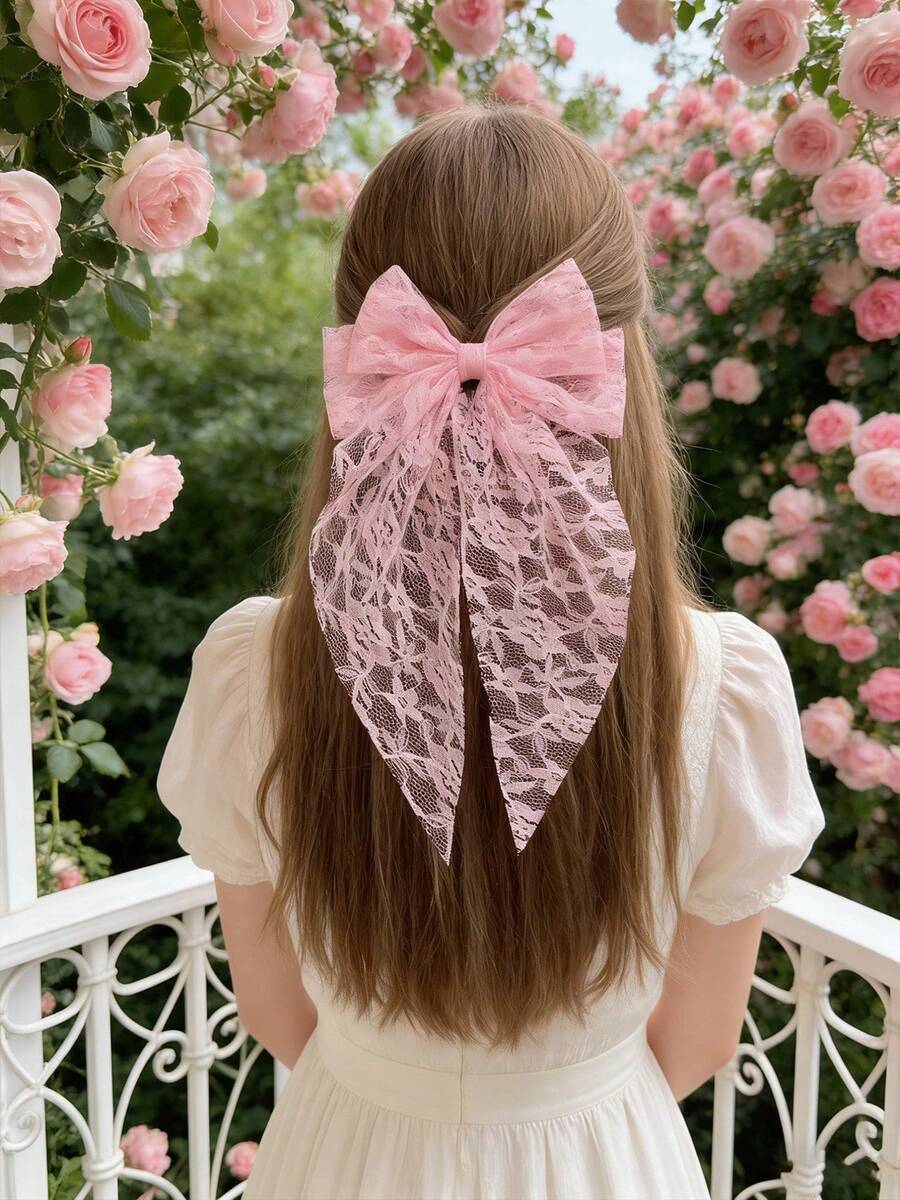 3/4pcs Set Elegant Lace Bow Snap Clips, Sweet Elegant Ethereal Ribbon Ponytail Clips, Fashionable Hair Accessories - Multicolor - View 1