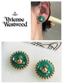 Vivienne Westwood Khuyên tai đính đá Malachite hình tròn hiệu Neyla Collection, mạ vàng và đồng thau. - Vàng - Xem 4