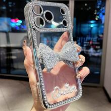 Funda de teléfono de TPU con láser grabado, plateada, con lazo y cristales, compatible con iPhone 7/8/SE2/7p/8p/X/XS/XR/XS Max/11/11 Pro/11 Pro Max/12/12 Pro/12 Pro Max/13/13 Pro/13 Pro Max/14/14 Pro/14 Pro Max/15/15 Pro/15 Plus/15 Pro Max, cubierta protectora - Plateado - Ver 3