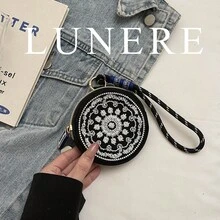 New Retro Embroidered Mini Black Coin Purse, Round Pouch Wristlet - Black - View 11