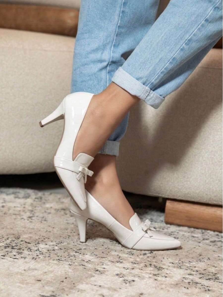 Women's Fashion Patent Leather Stiletto Heel Shoe, New Style, Medium Heel (6.5cm), Elegant Front Bow. - 白色 - 查看 1