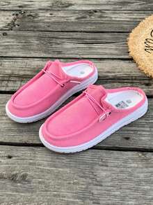Solid Color Corduroy Flat Mule Slippers, Lace-Up Round Toe Low-Top Design, Sweet & Cool Style, Eye-Catching For Daily Wear, Suitable For All Seasons - Hot Pink - View 2
