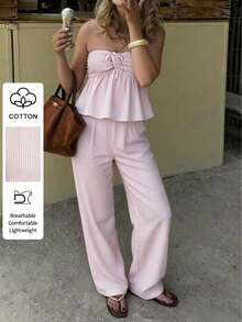 Women's Summer Pink Stripe Cotton Two Pieces Sexy Y2K Smokey Tank Top And Loose Straight Wide Leg Pant Suit For Casual Commuting Vacation - Pink - View 5