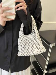 New Spring/Summer Hollow Mesh Mini Handbag, Woven Rope Wristlet, Fashion Beach Vacation Bucket Bag - White - View 5