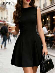 DONICY 女士无袖交叉吊带方领喇叭裙摆派对连衣裙 - 黑色 - 查看 1