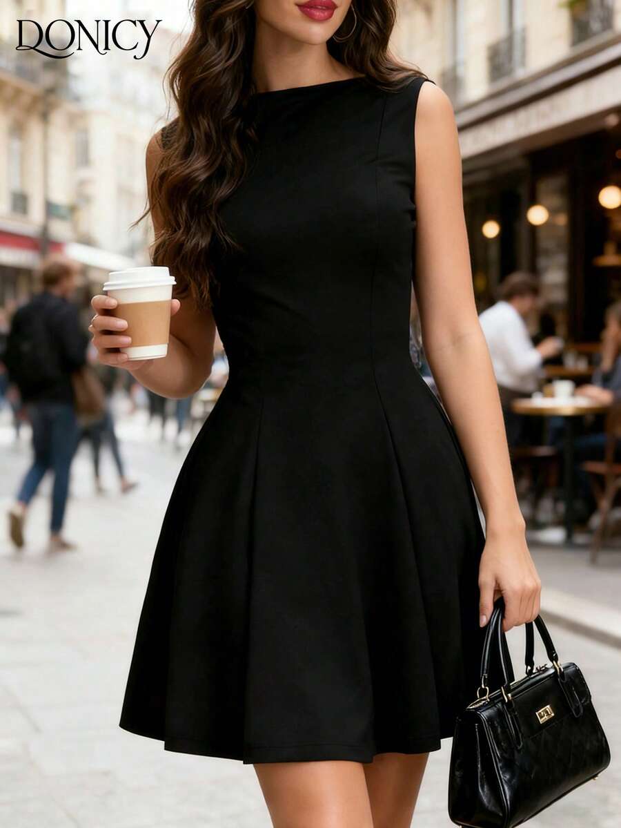 DONICY 女士无袖交叉吊带方领喇叭裙摆派对连衣裙 - 黑色 - 查看 1