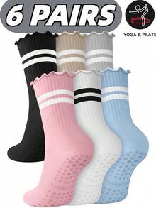 1/3/6 đôi tất yoga Pilates nữ có viền ren và sọc, chống trơn trượt, thích hợp cho tập luyện tại bệnh viện, phòng tập thể dục, yoga và Pilates. - Nhiều màu - Xem 1