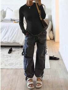 Maternity Bodysuit, Fitted Minimalist Casual Outdoor Wear Black - Black - View 1