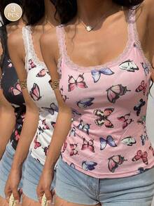 3pcs Women's Sexy Lightweight Soft Breathable Lace Camisole Tops, Butterfly Print Vest - Multicolor - View 1