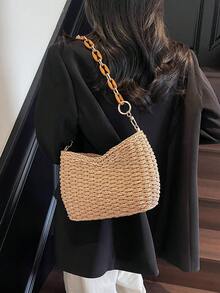 New Summer Niche Design Straw Underarm Beach Bag, Chain Minimalist Fashion Handwoven Shoulder Bag - Khaki - View 10