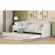 Daybed 90 X 200 (190) Cm, Single Upholstered Daybed With Pull-Out Bed, Beige - White - View 6