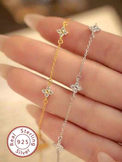 1pc Shiny Four-Leaf Clover Bracelet, 925 Sterling Silver Delicate Bracelet For Women, Suitable For Parties, Galas, Dates, Anniversary, Birthday, Christmas Jewelry Gift