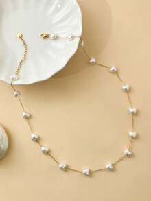 Mazuer 1件法式优雅仿珍珠心形吊坠项链，18K镀金不锈钢颈链，女士度假、约会、日常佩戴礼物 - 愛心 - 查看 6