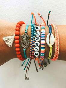 7Pcs Letter Detail Bead Decor Bracelet Boho Matching Bracelets - 彩色 - 查看 1