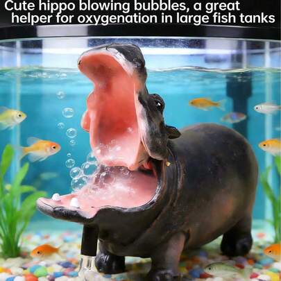 水族箱装饰吹泡泡河马摆件，水族箱氛围气动增氧泵动物装饰模型