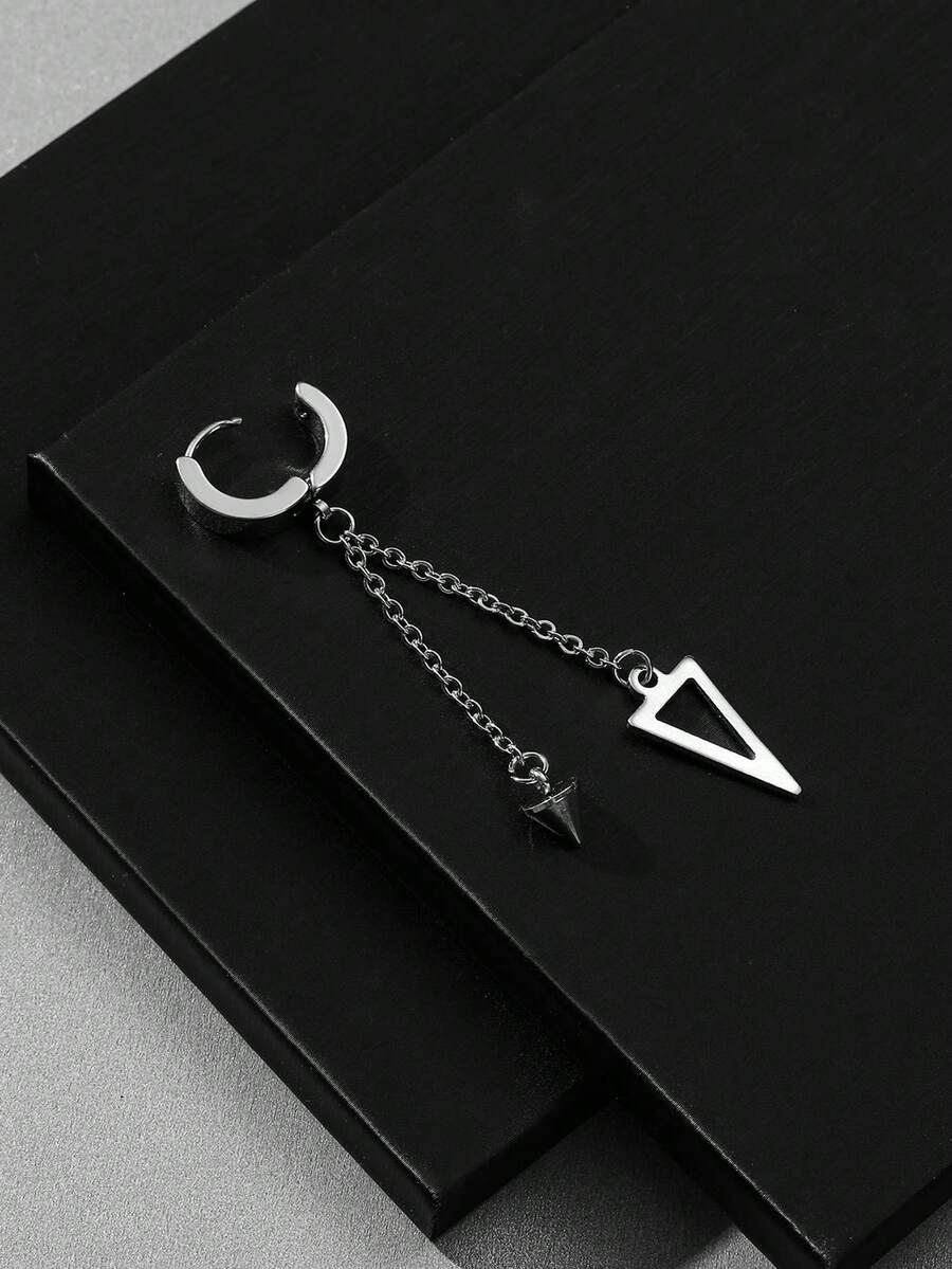 1pc Stainless Steel Rivet Hollow Triangle Double Pendant Long Earring, Fashionable & Unique Design For Men - Silver - View 1