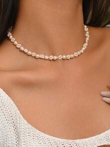 手工串珠粉色雏菊项链，不规则仿珍珠花朵串珠项圈，可爱夏季波西米亚风饰品 - 白色 - 查看 6