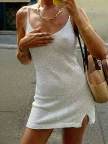 Đầm ôm sát người màu trơn dây mảnh dành cho nữ, kiểu dáng thanh lịch mùa hè xuân. - Màu Xám nhạt - Xem 11